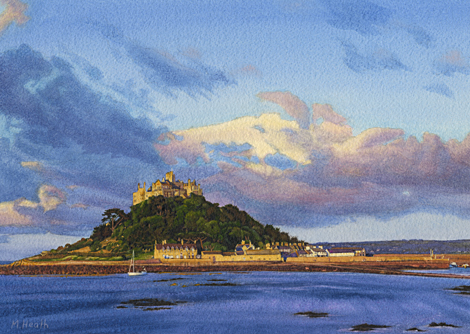 A painting of sunlit clouds over St Michael's Mount, Cornwall at dawn by Margaret Heath.